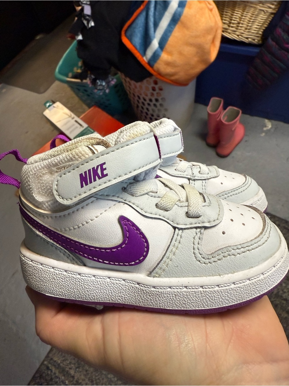 Nike Kids White and Purple High-Top Sneakers with Hook-and-Loop Strap